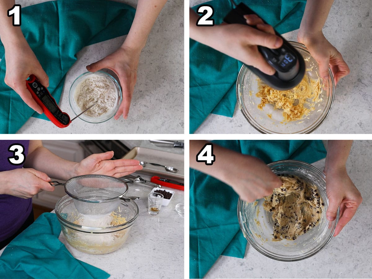 Collage of four photos showing edible cookie dough being prepared for ice cream.