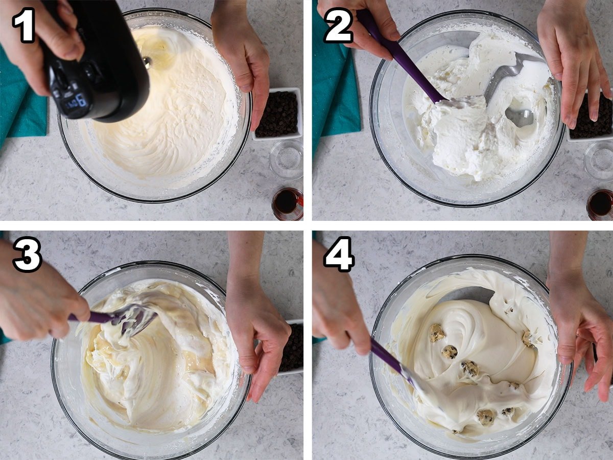 Collage van vier foto's waarop te zien is dat ijs zonder karnen wordt bereid en gecombineerd met eetbare stukjes koekjesdeeg.