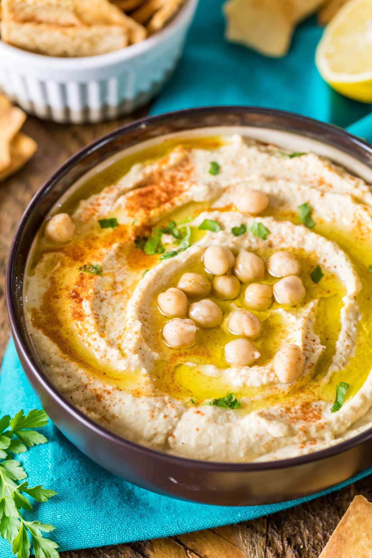 Bowl of hummus made from a homemade hummus recipe.