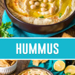 collage of hummus, top image is a close up of hummus with cracker in it, bottom image taken further away.