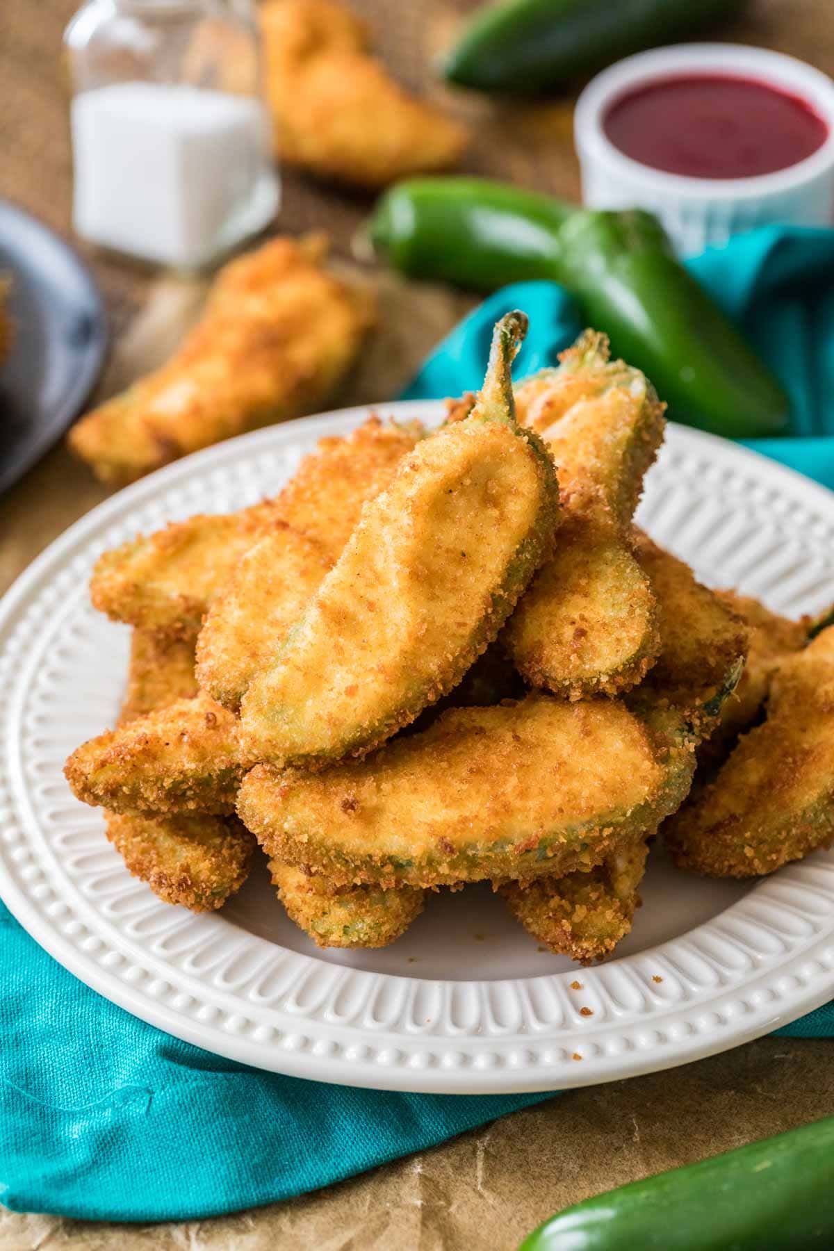 Plate of breaded stuffed jalapenos.