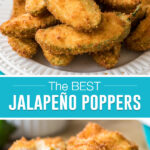collage of jalapeno poppers, top image of multiple poppers on white plate, bottom image of one cut open, photographed close up