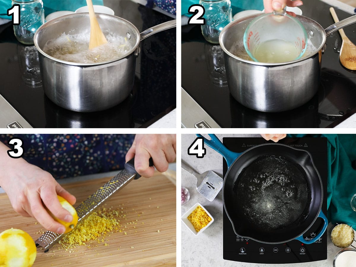 Collage of four photos showing pasta boiling, water being reserved, lemon zesting, and butter heating in a pan,