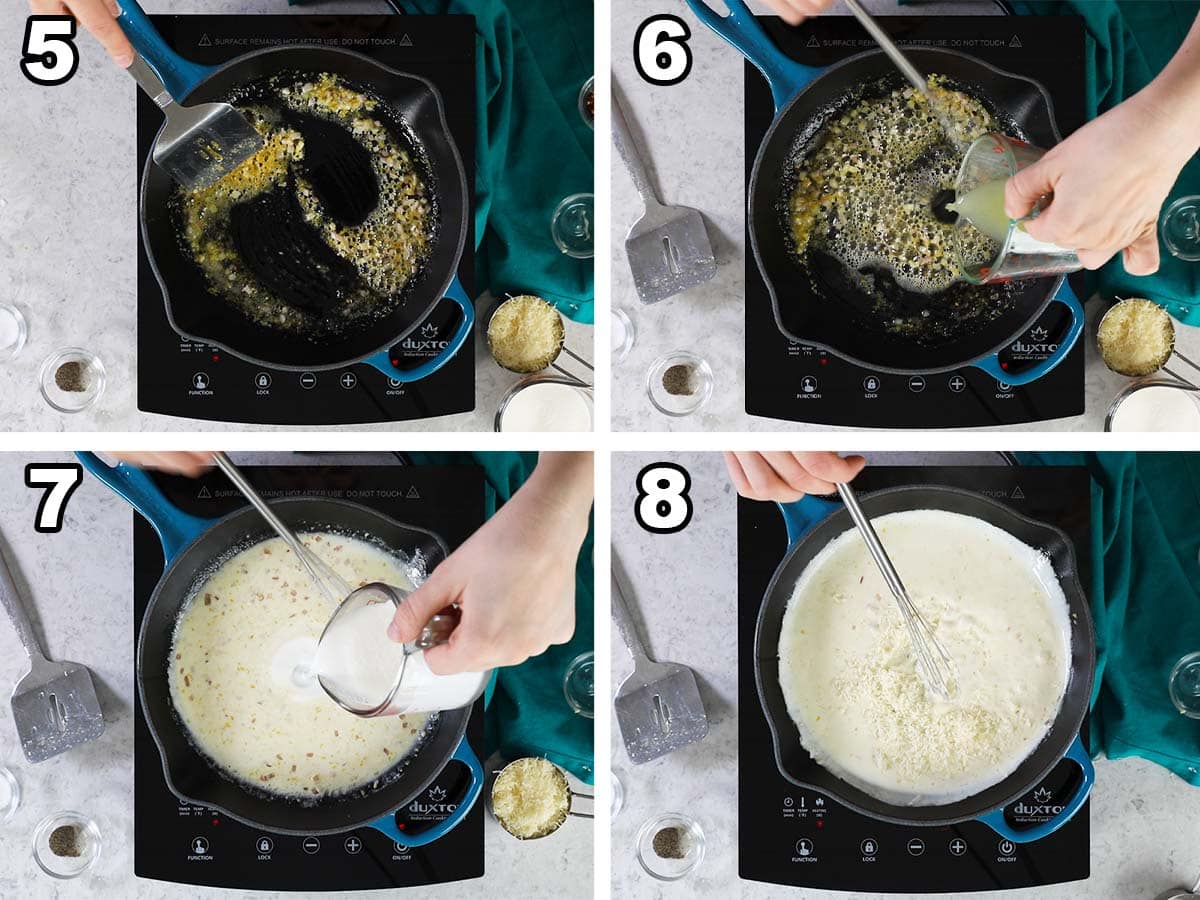 Collage of four photos showing shallots being cooked in olive oil and butter, lemon juice and cream being added, and parmesan being stirred in.