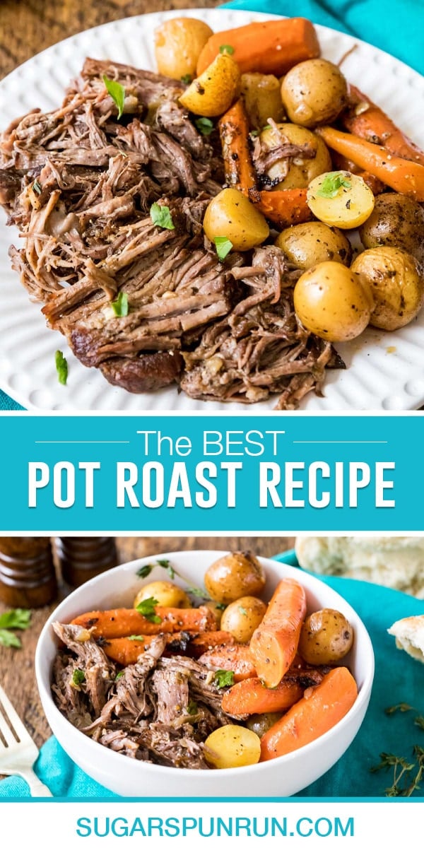 collage of pot roast, top image close up of roast with potatoes and carrots close up on white plate, bottom image same served in white bowl