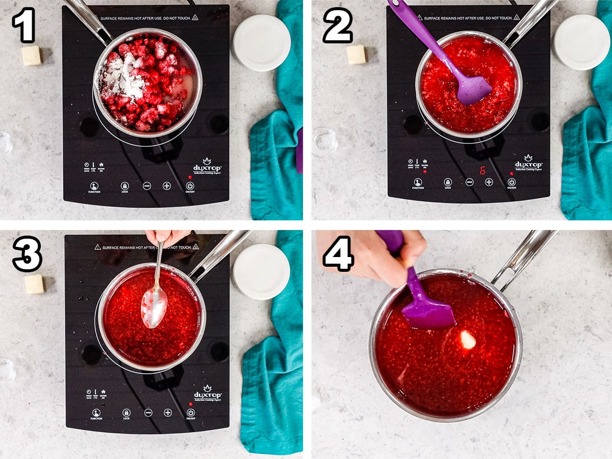 Collage of four photos showing raspberry sauce being prepared on the stove.