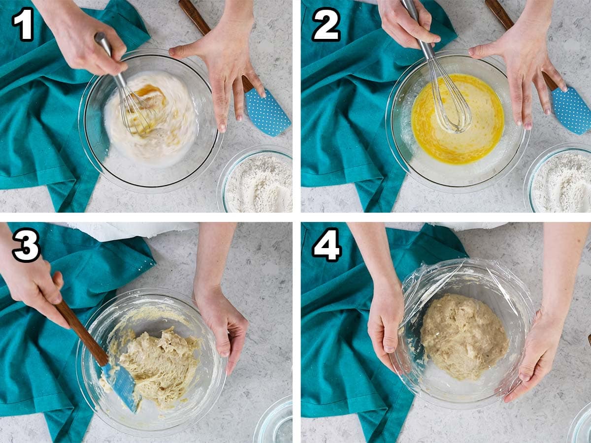 Collage of four photos showing dough being prepared and covered in a bowl.