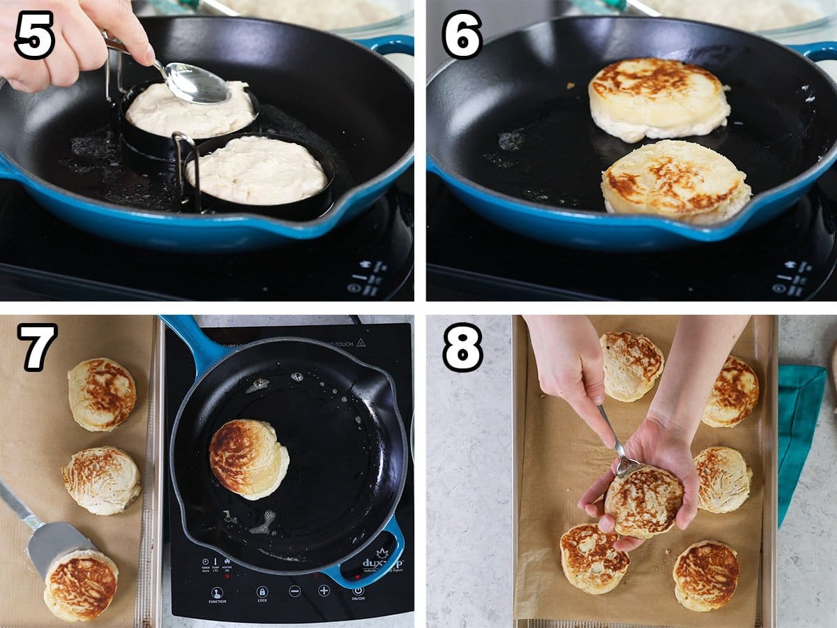 Collage of four photos showing english muffins being cooked in a pan before baking in the oven.