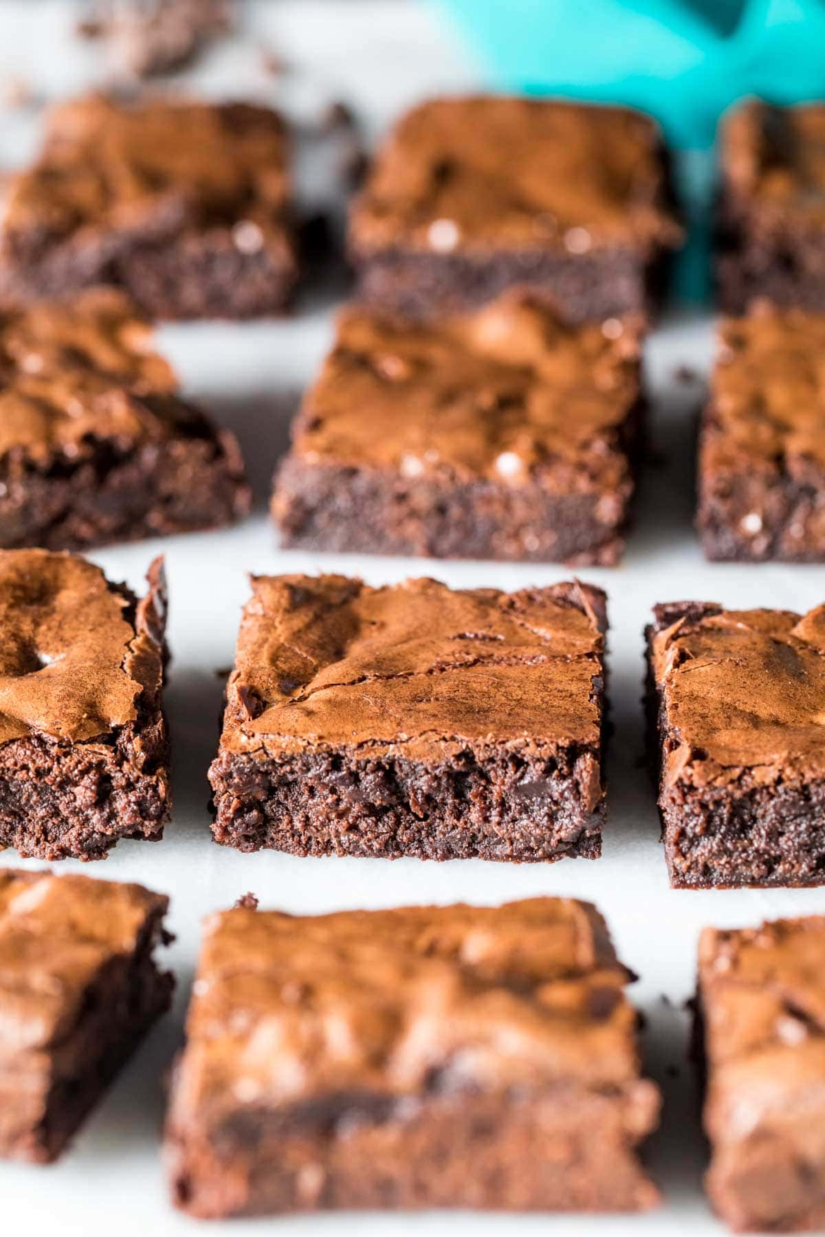 Rows of perfectly square brownies on a white surface.