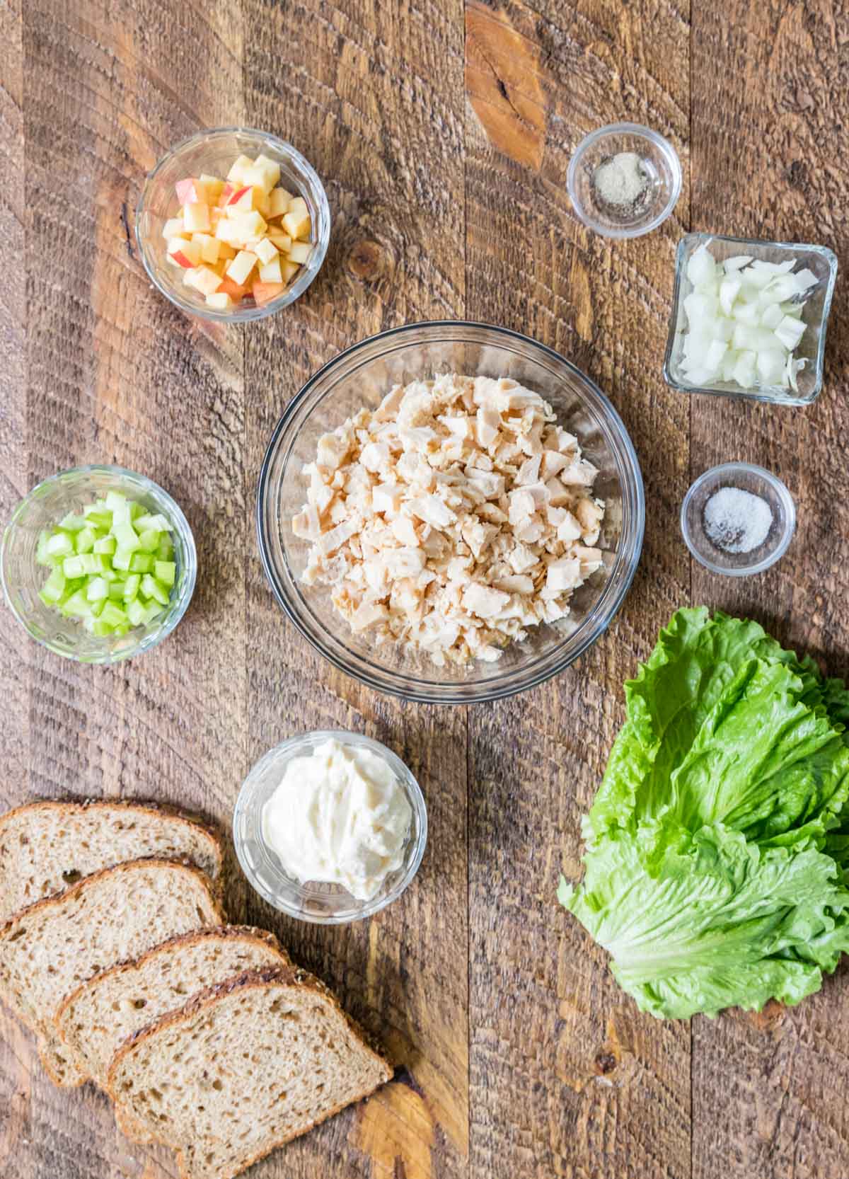 Overhead view of ingredients including chicken, apples, lettuce, celery, and more.