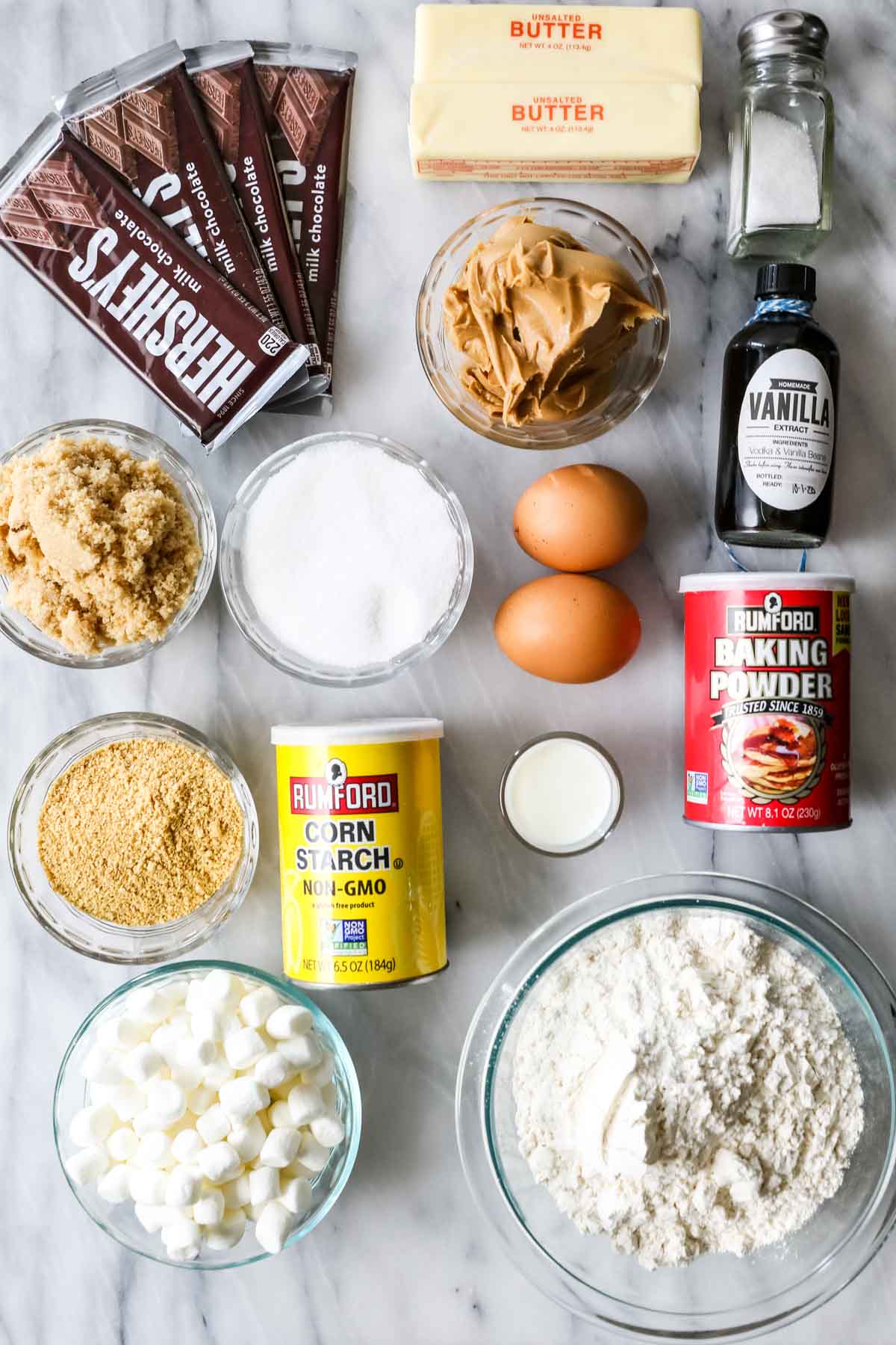 Ingredients for peanut butter s'mores bars