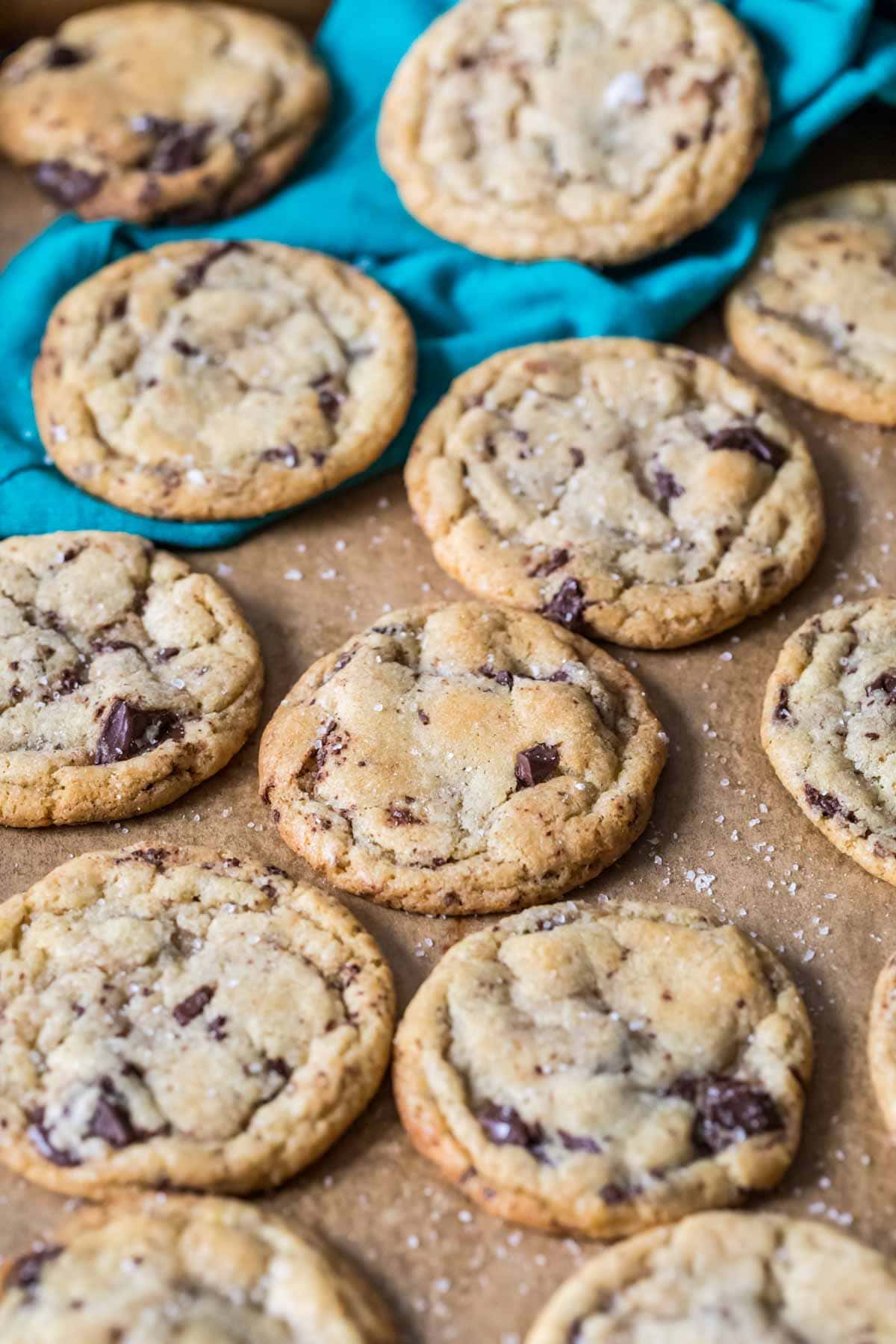 Sourdough chocolate cookies on a cookie sheet after baking.