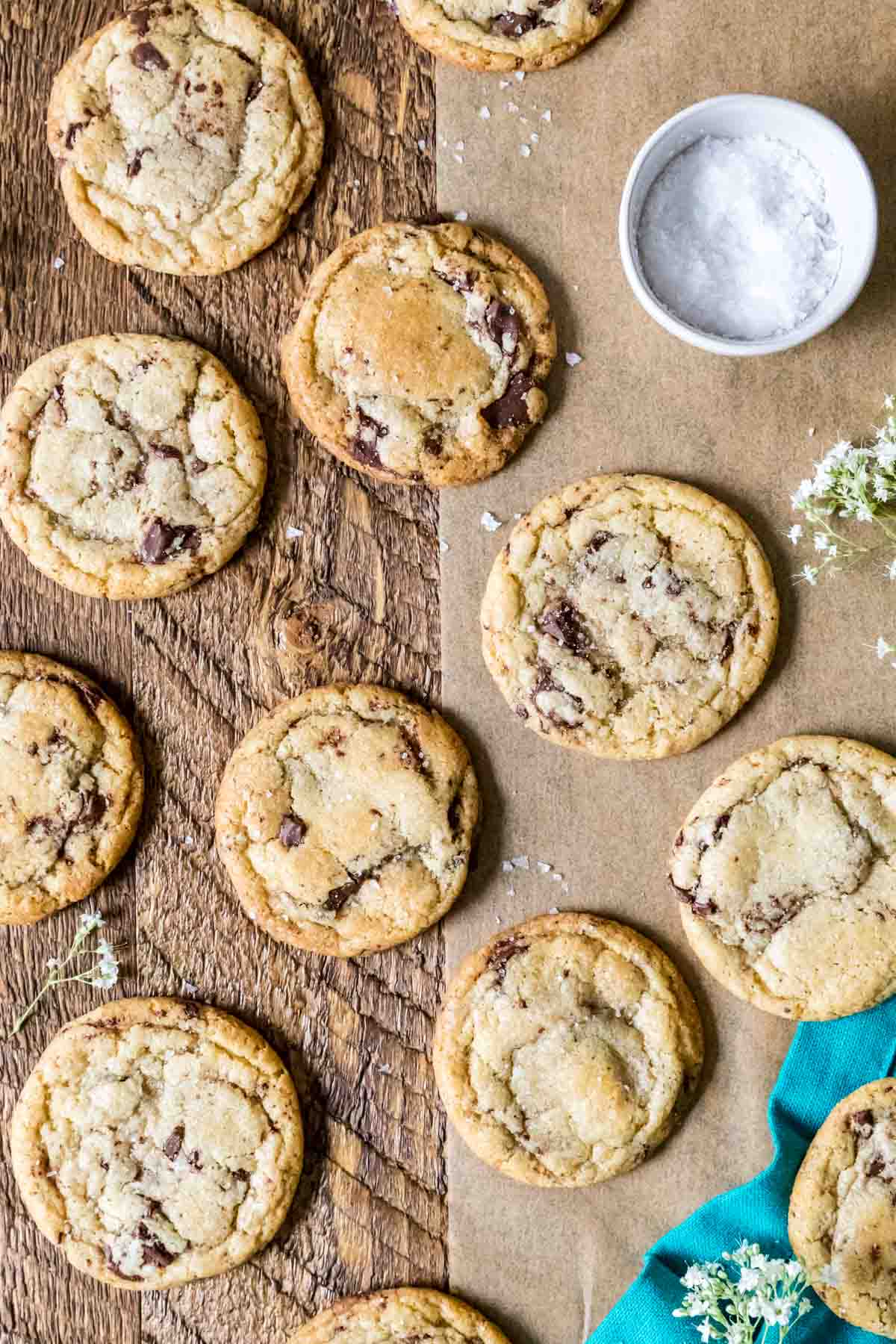 Overhead view of chocolate chip cookies made with sourdough discard.