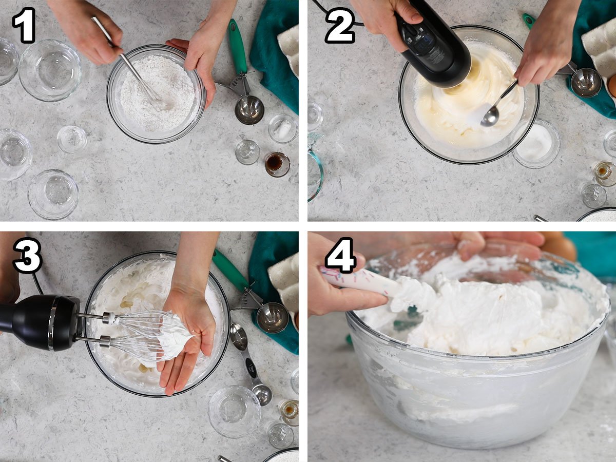 Collage of four photos showing egg whites being whipped to stiff peaks and combined with a flour mixture.