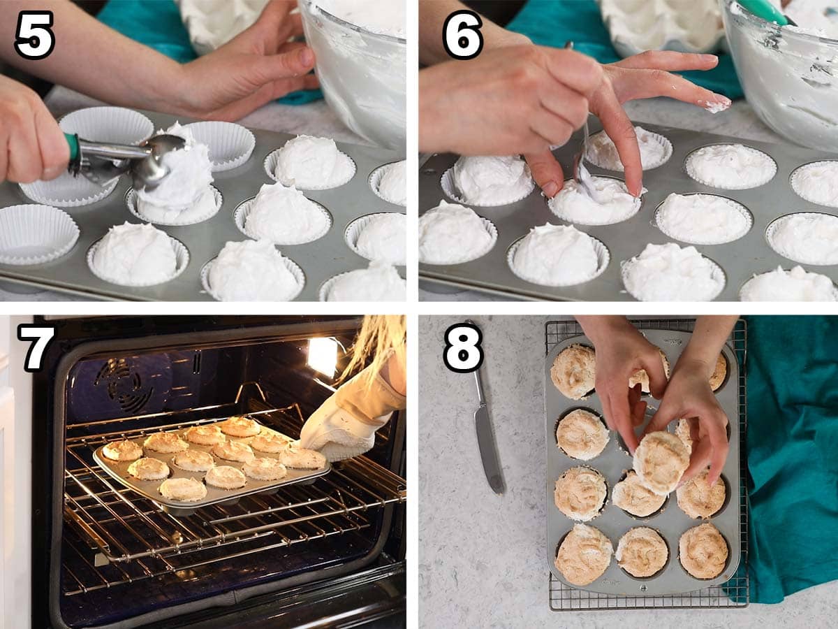 Collage of four photos showing angel food cake batter being portioned into cupcake liners and baked.
