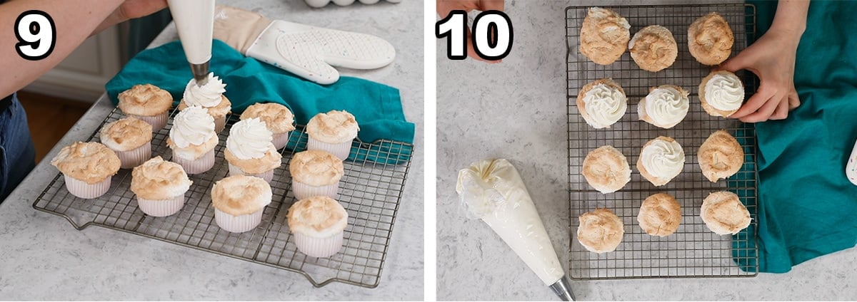 Collage of two photos showing cupcakes being topped with whipped cream.