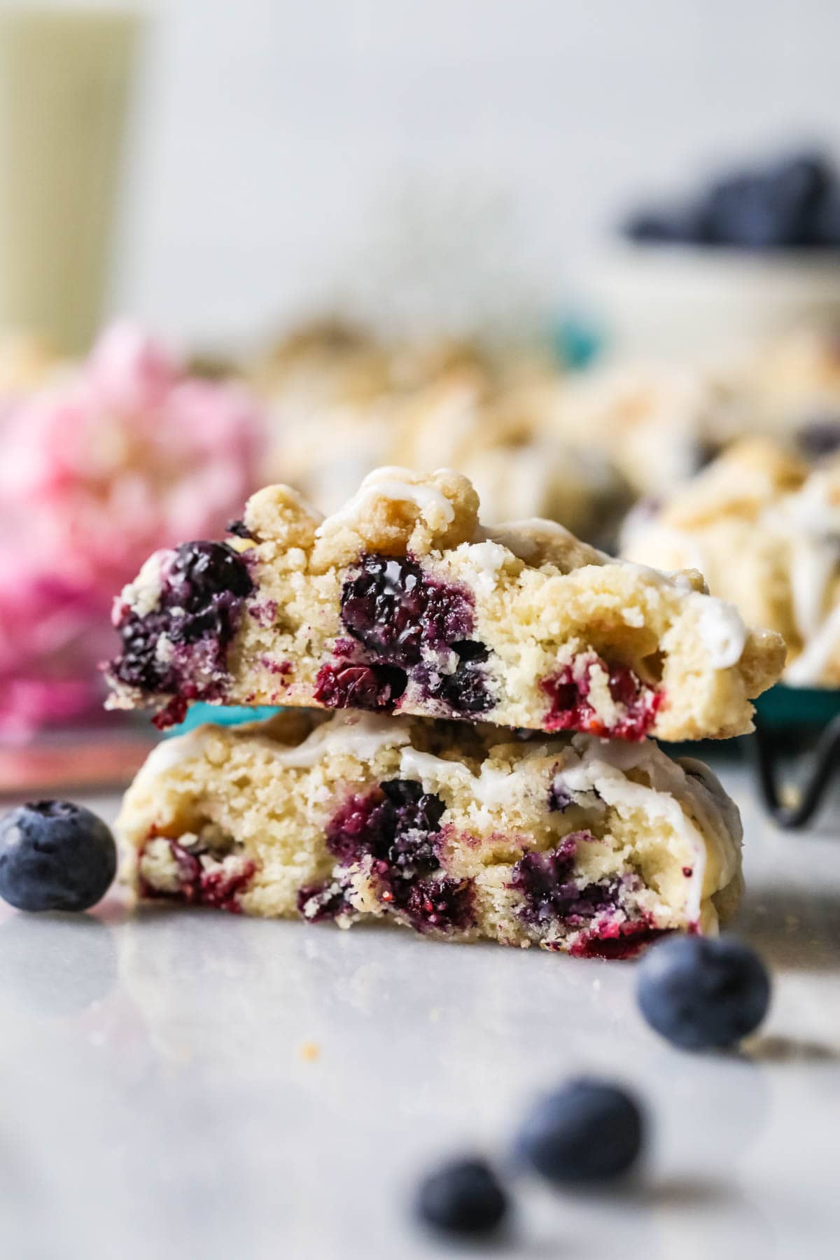 Cross section of cookies made with blueberries, streusel, and glaze.