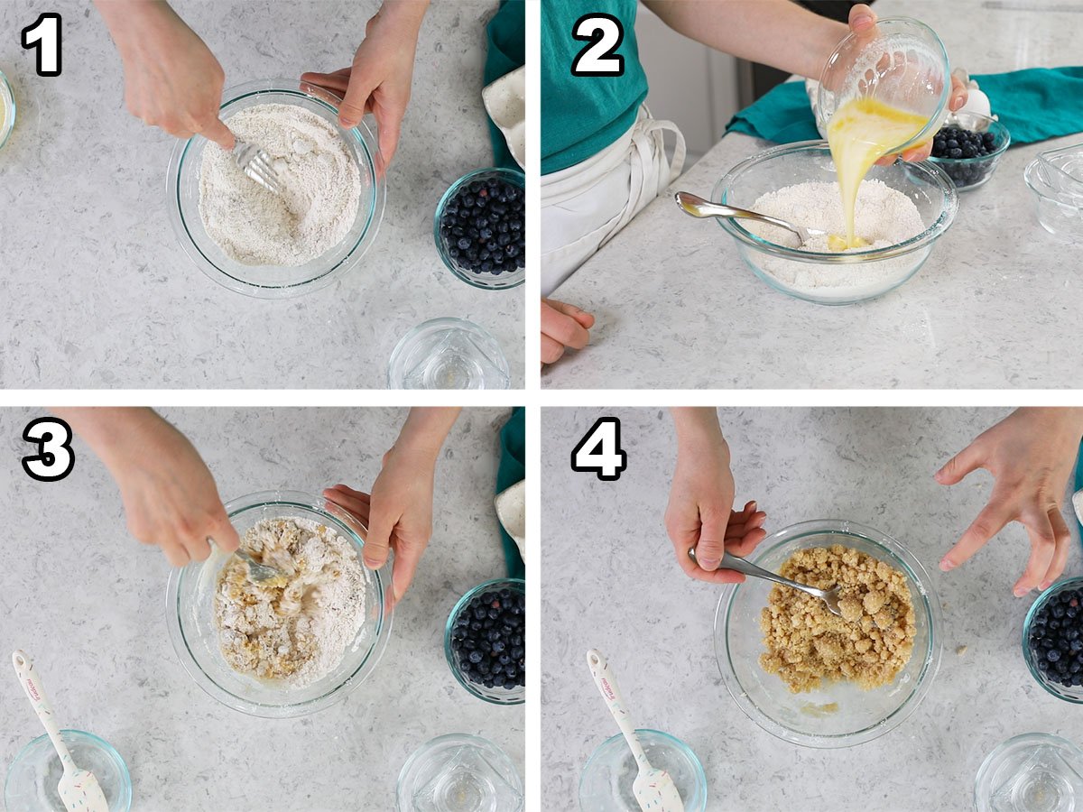 Collage of four photos showing streusel being prepared.