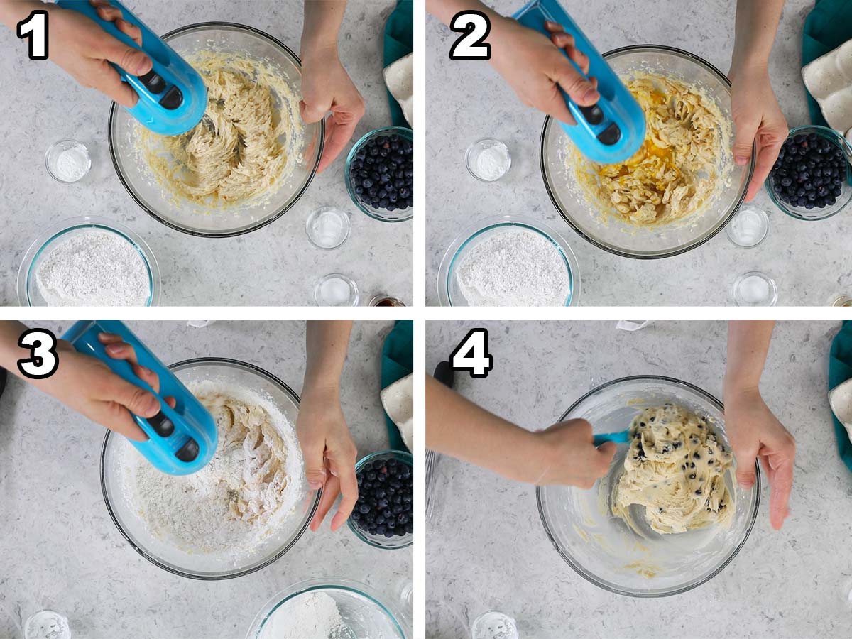 Collage of four photos showing cookie dough being prepared.