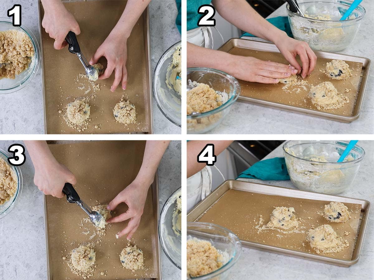 Collage of four photos showing Cookie dough being scooped and layered with streusel on a cookie sheet.