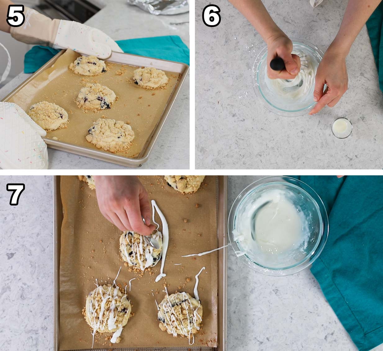 Collage of four photos showing cookies being drizzled with glaze after baking.