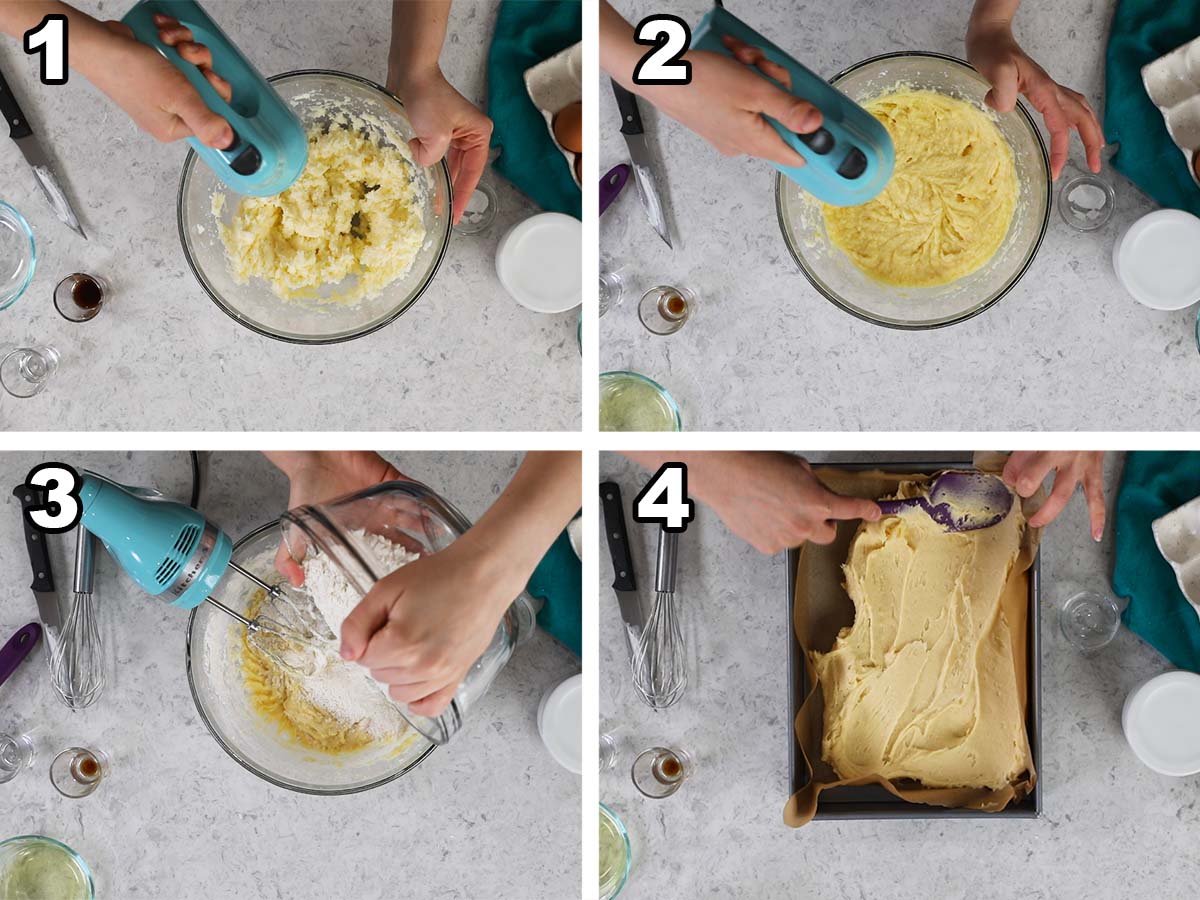 Collage of four phots showing batter being prepared and poured into a sheet pan.