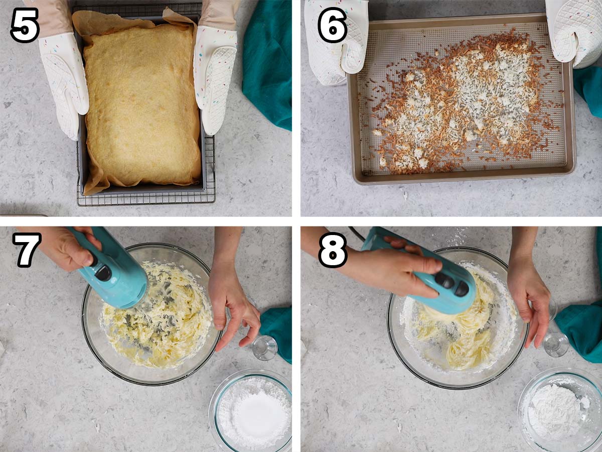 Collage of four photos showing bars being pulled from the oven, coconut after toasting, and icing being prepared.
