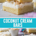 collage of coconut cream bars, top image of two bars stacked, top bar with bite taken out. Bottom image of bars neatly placed on table top