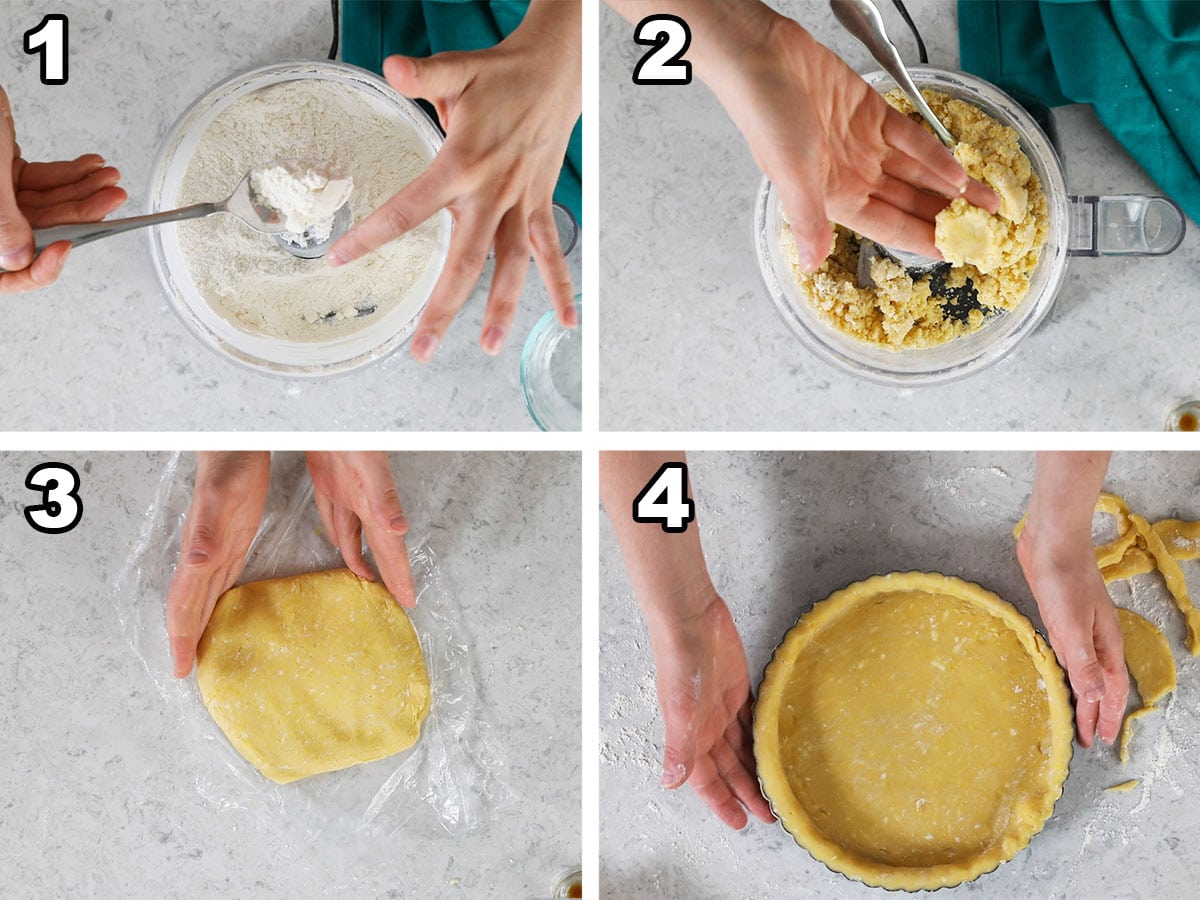 Collage of four photos showing a tart crust being prepared.