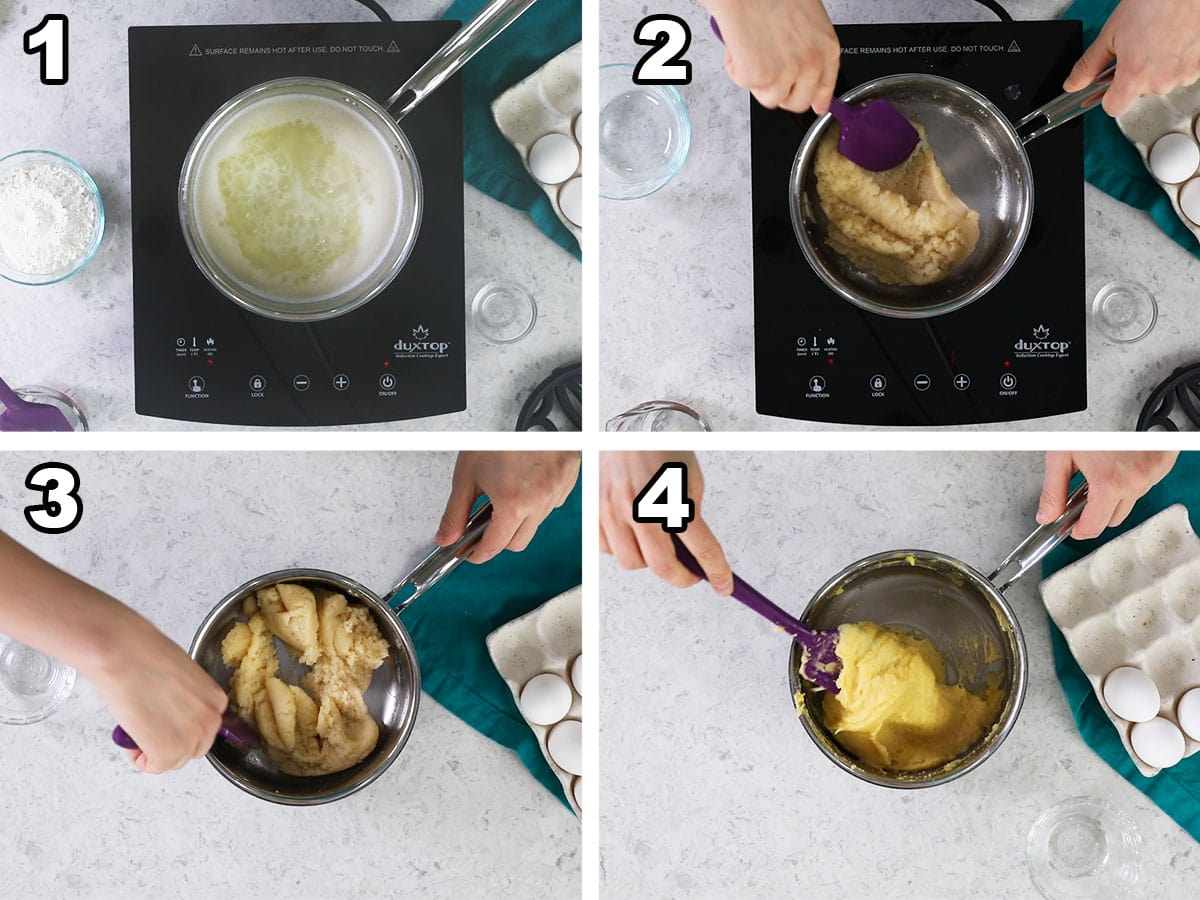 Collage of four photos showing how to make choux pastry.