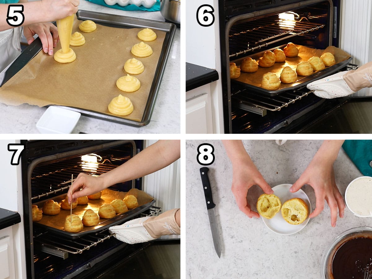 Collage of four photos showing choux pastry being piped and baked into hollow buns.