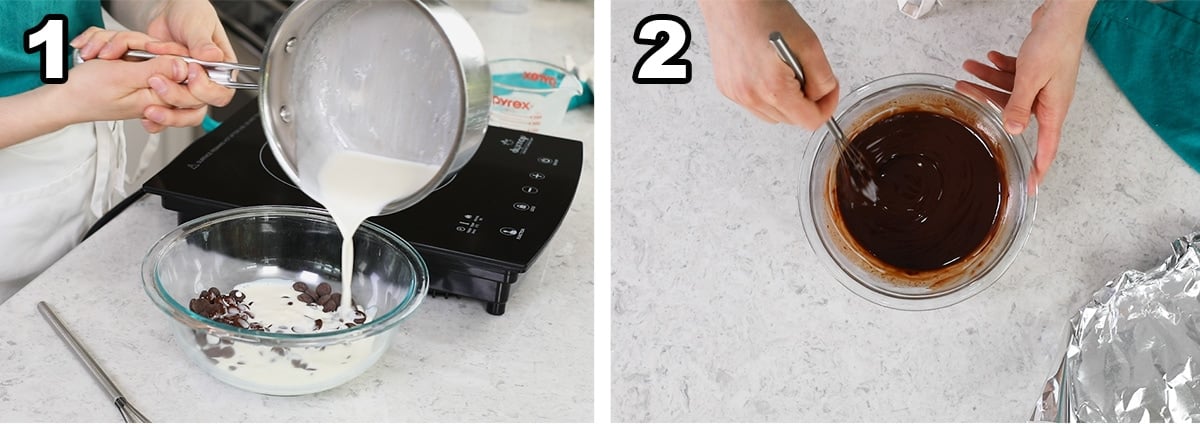 Collage of two photos showing chocolate ganache being prepared.