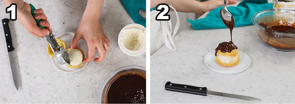 Collage of two photos showing ice cream being scooped into choux pastry and chocolate ganache being poured on top.