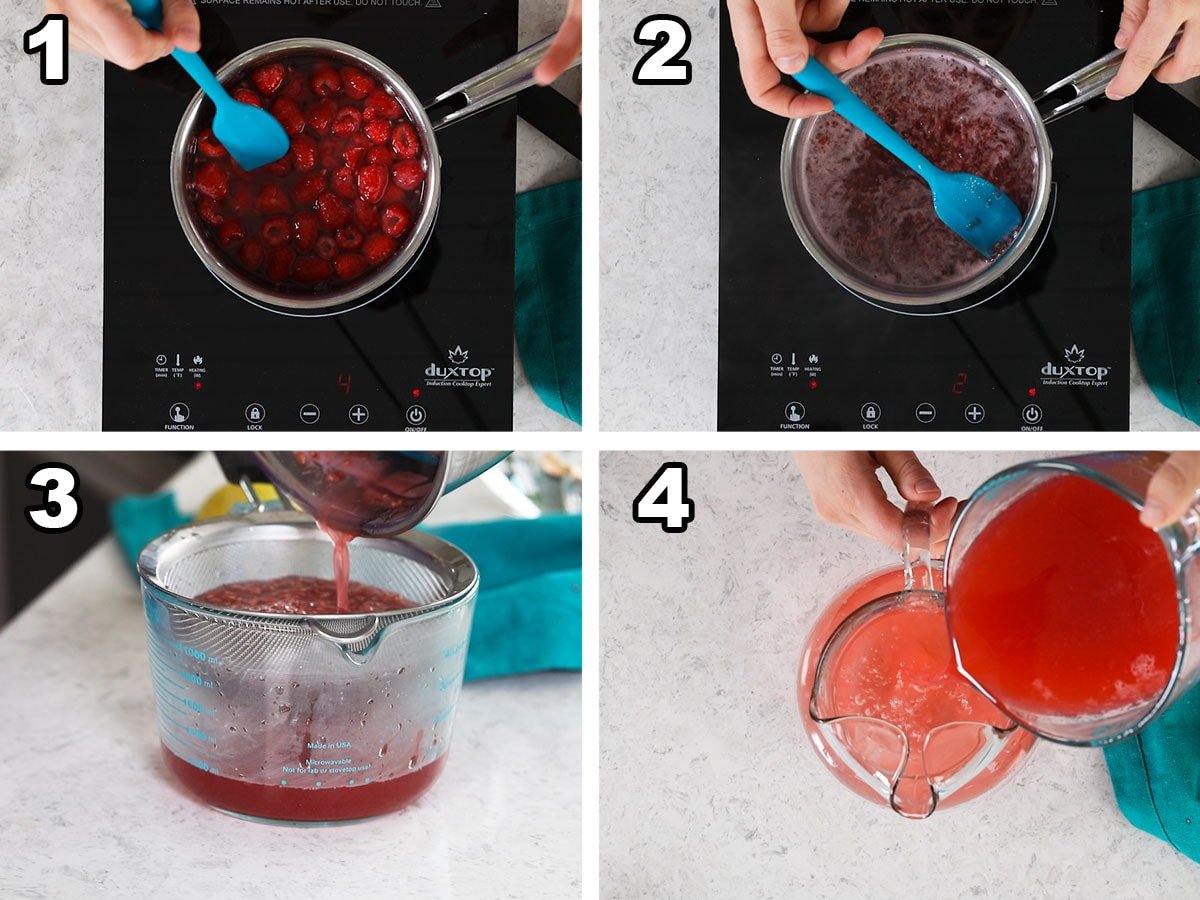Collage of four photos showing raspberries being cooked into a syrup for lemonade.