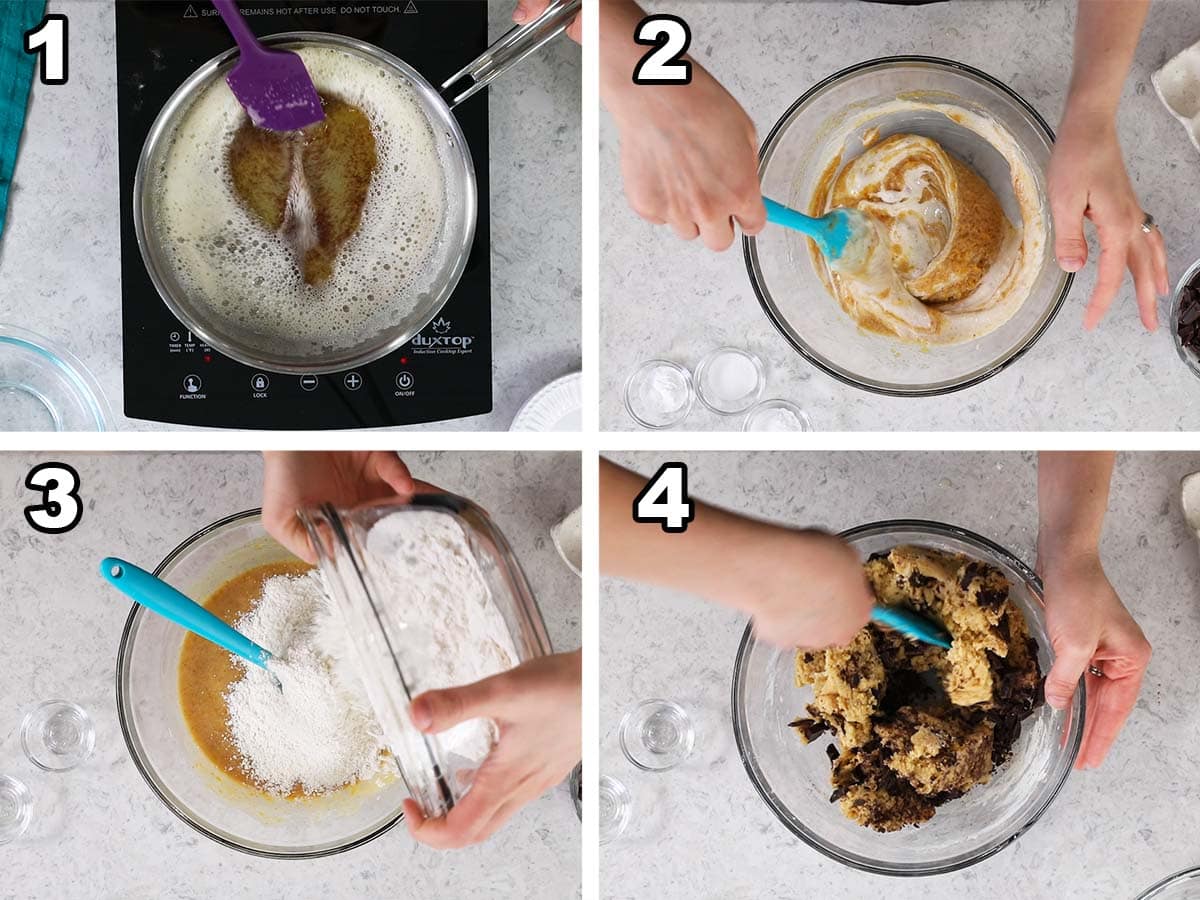 Collage of four photos showing chocolate chip cooking doing being prepared with brown butter.