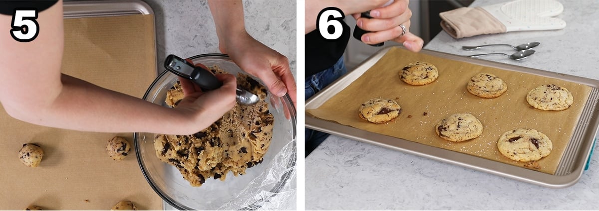 Collage of two photos showing cookie dough being scooped onto a baking sheet and baked.
