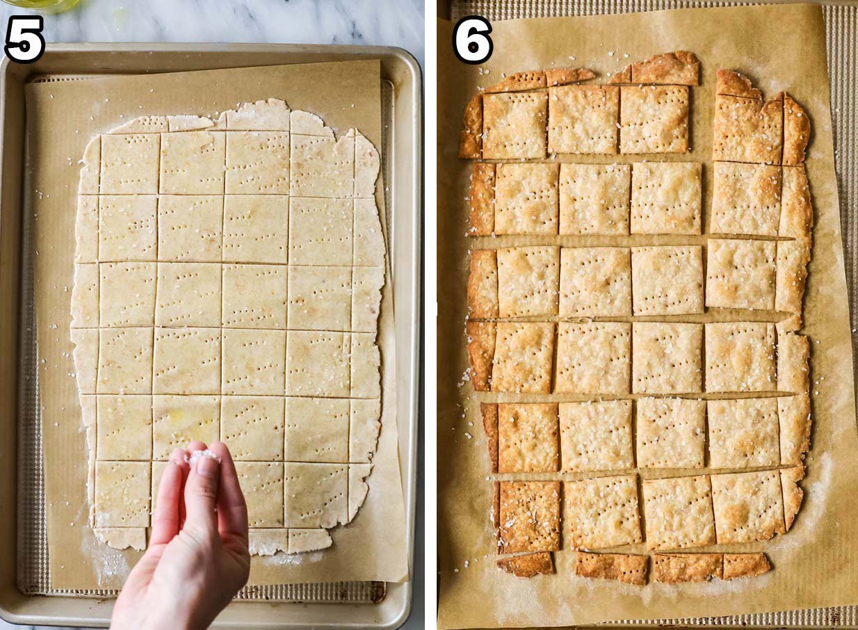 Collage of two photos showing crackers before and after baking.