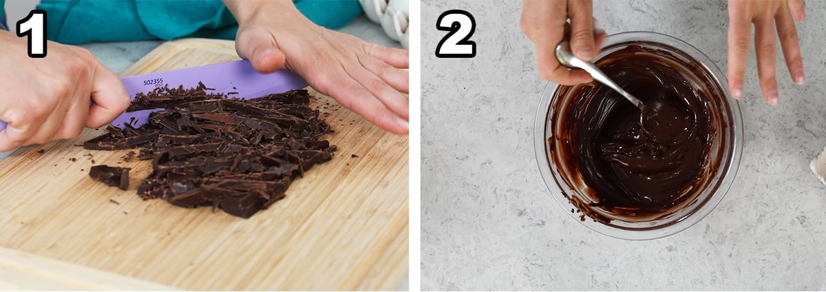 Collage of two photos showing chocolate being chopped and melted.