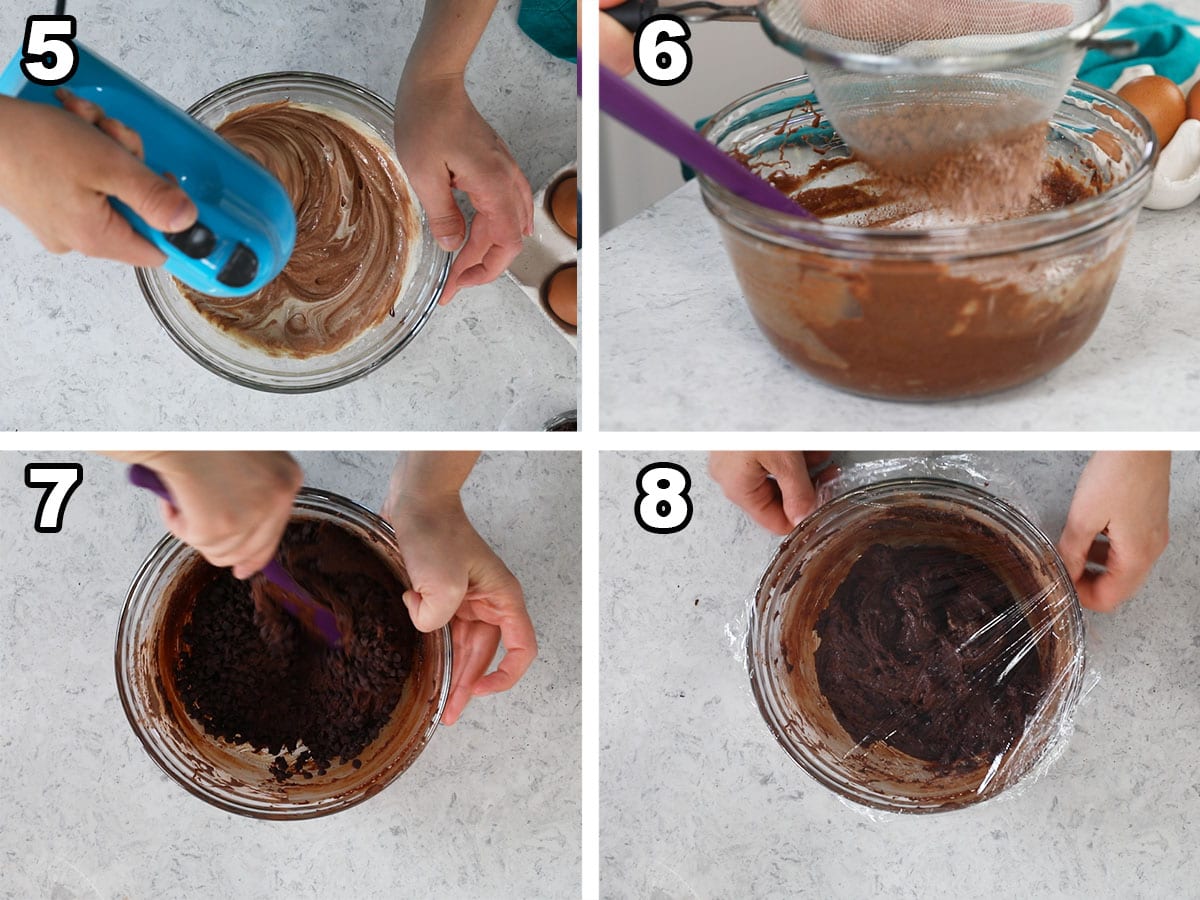 Collage of four photos showing chocolate cookie batter being prepared.