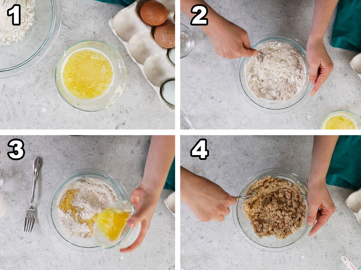 Collage of four photos showing streusel being prepared.