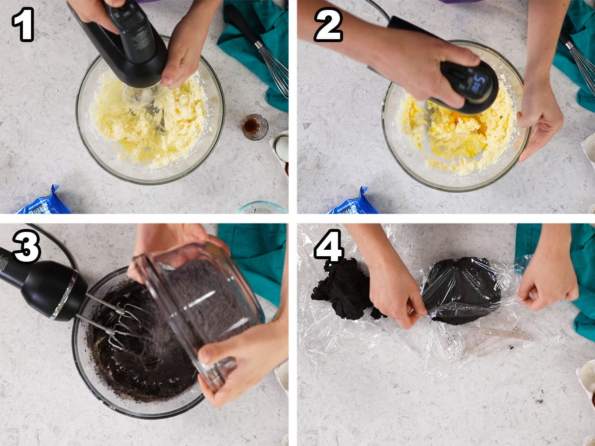 4 photo collage showing how to make the dough for homemade oreos