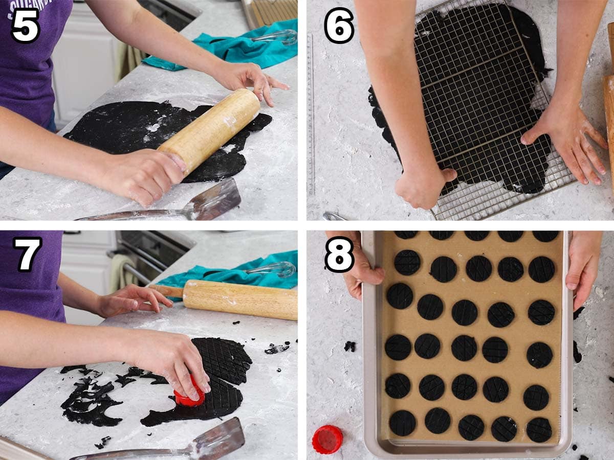 4 photo collage showing how to roll out and bake homemade oreo dough