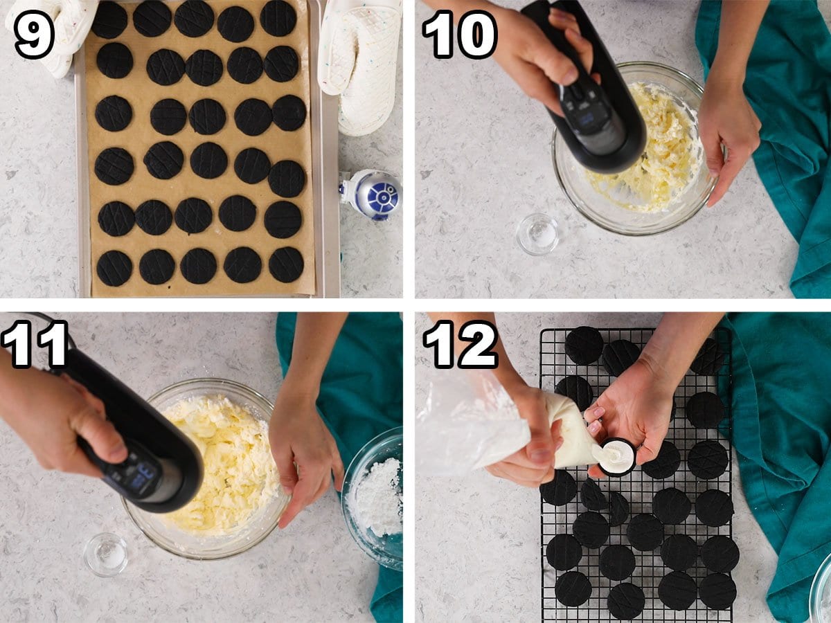 4 photo collage showing Baking and Filling Homemade Oreo Cookies