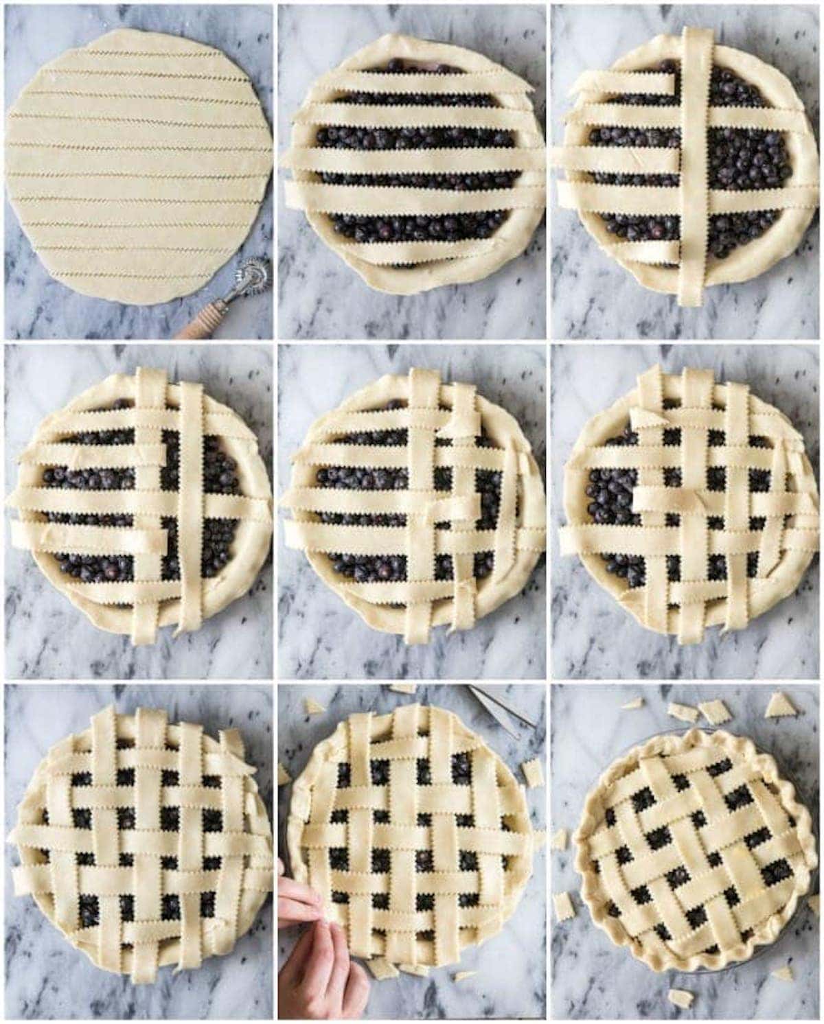 Collage of nine photos showing how to make a lattice pie crust.