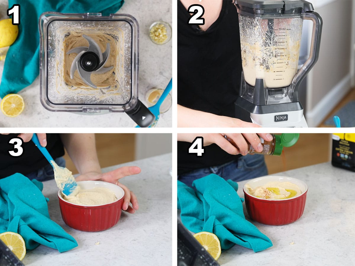 Collage of four photos showing hummus being prepared in a blender.