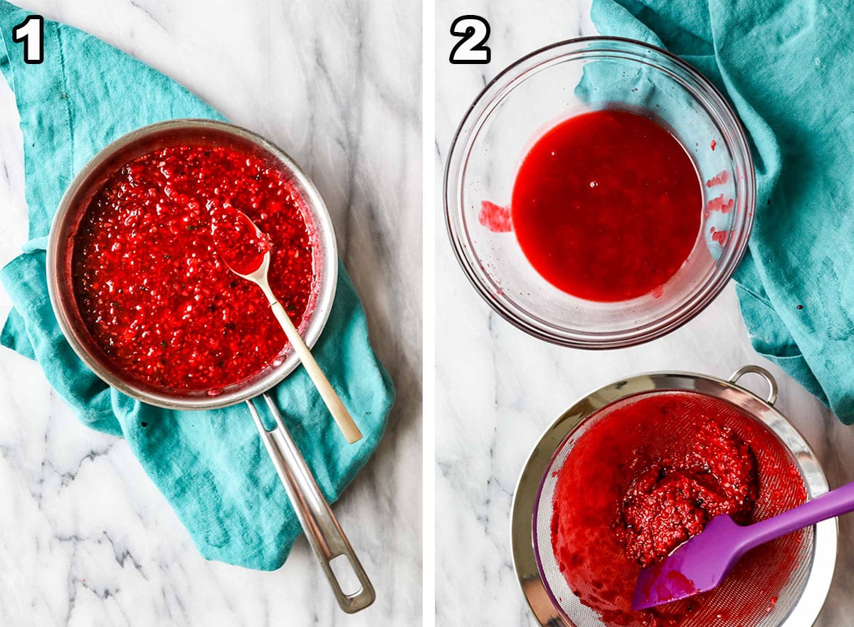 two steps to making raspberry sauce: cooking raspberries (and spices) then straining