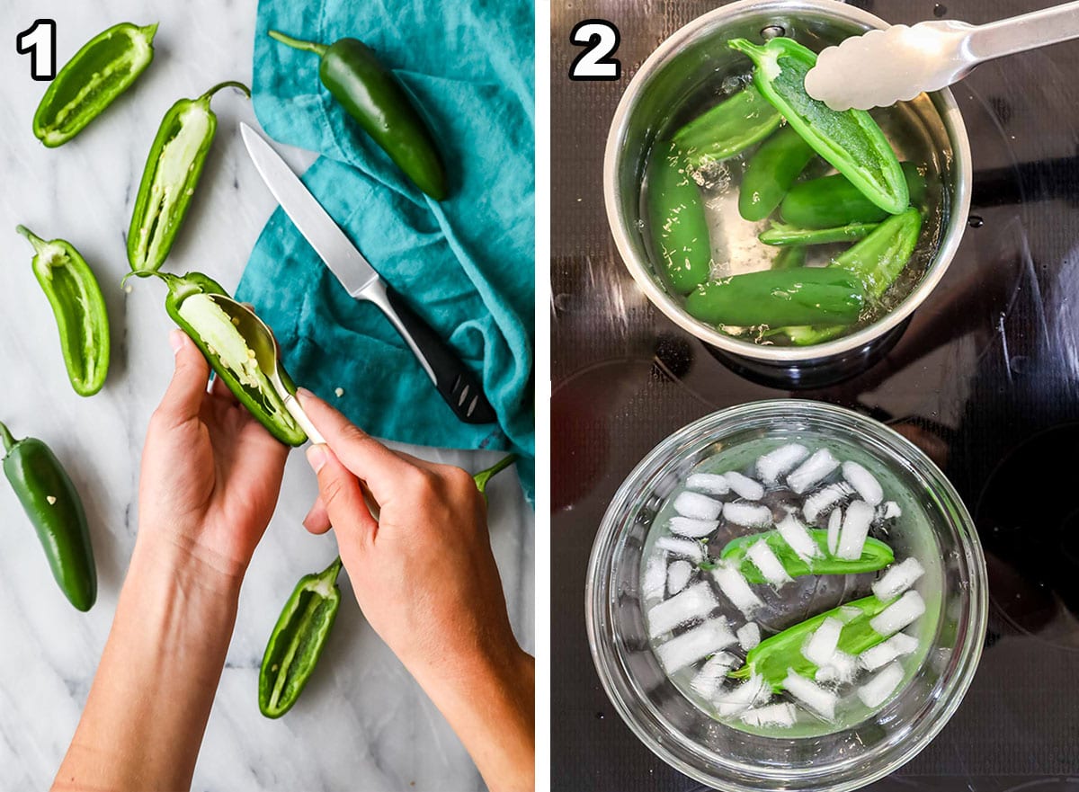 Collage showing 2 photos: 1) Cutting jalapenos in half and removing seeds and 2) blanching jalapeno halves