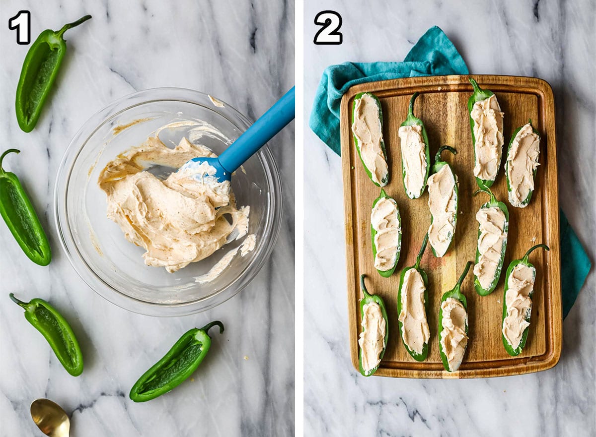 2 photo collage: 1) filling ingredients stirred together; 2) stuffed jalapeno halves