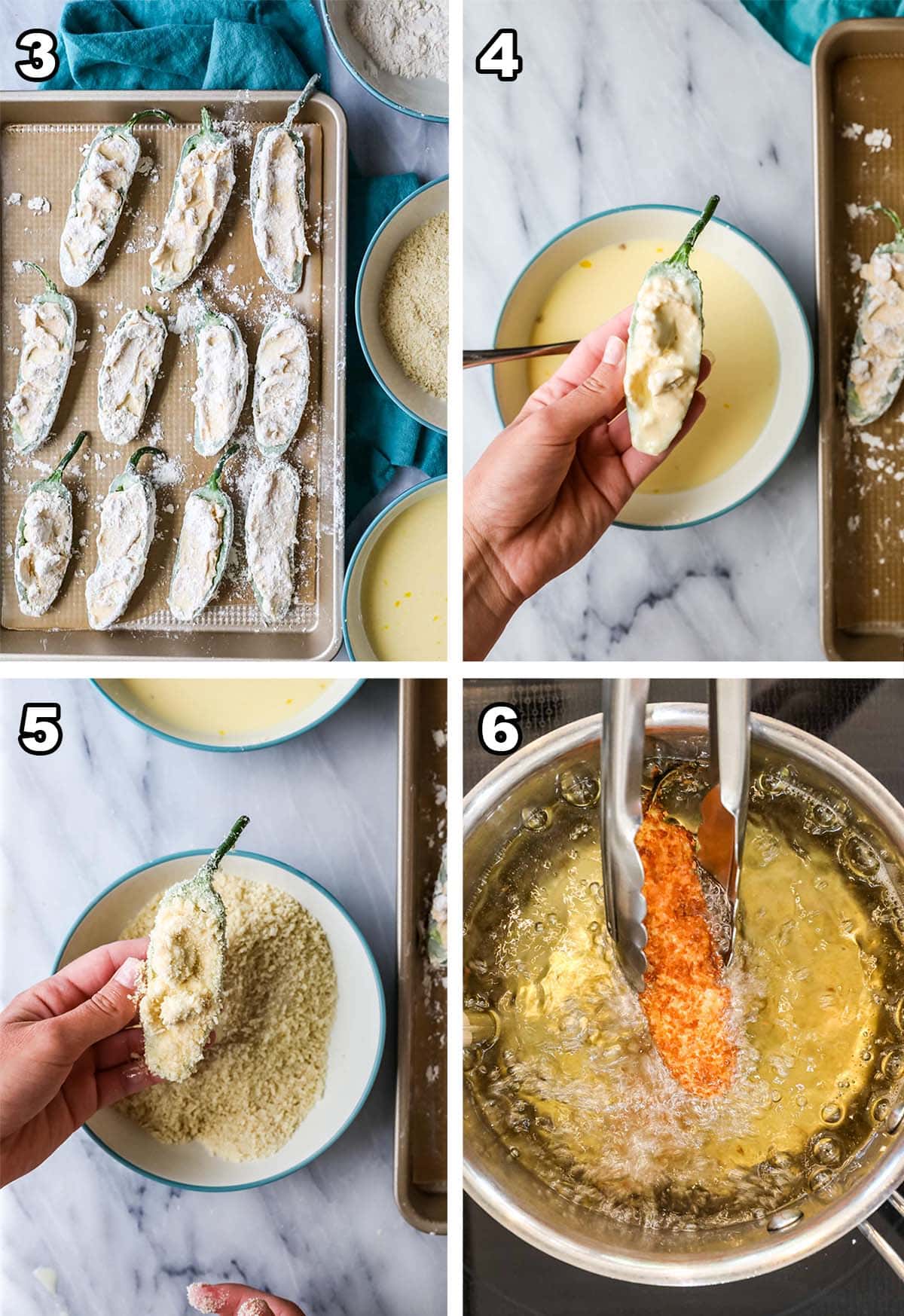 4 photo collage: 1) floured jalapenos; 2) dipping in egg 3) dipping in breadcrumbs 4) frying
