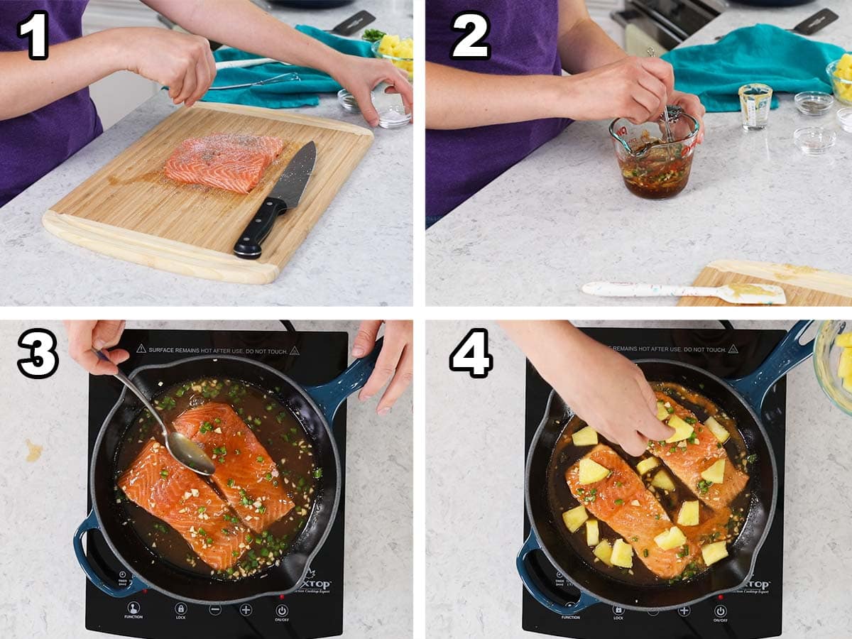 Collage of four photos showing salmon being cooked in a sauce over the stove.